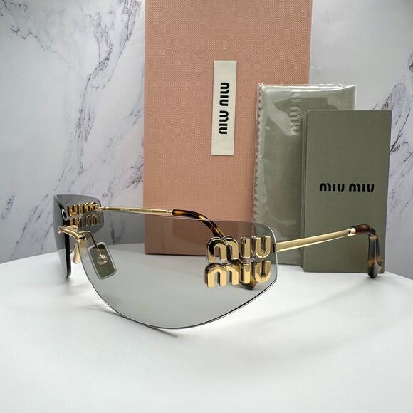 New MIU MIU Logo Sunglasses 2025 Runway Gold Slim Skinny Wrap Rimless Italy - Picture 14 of 16